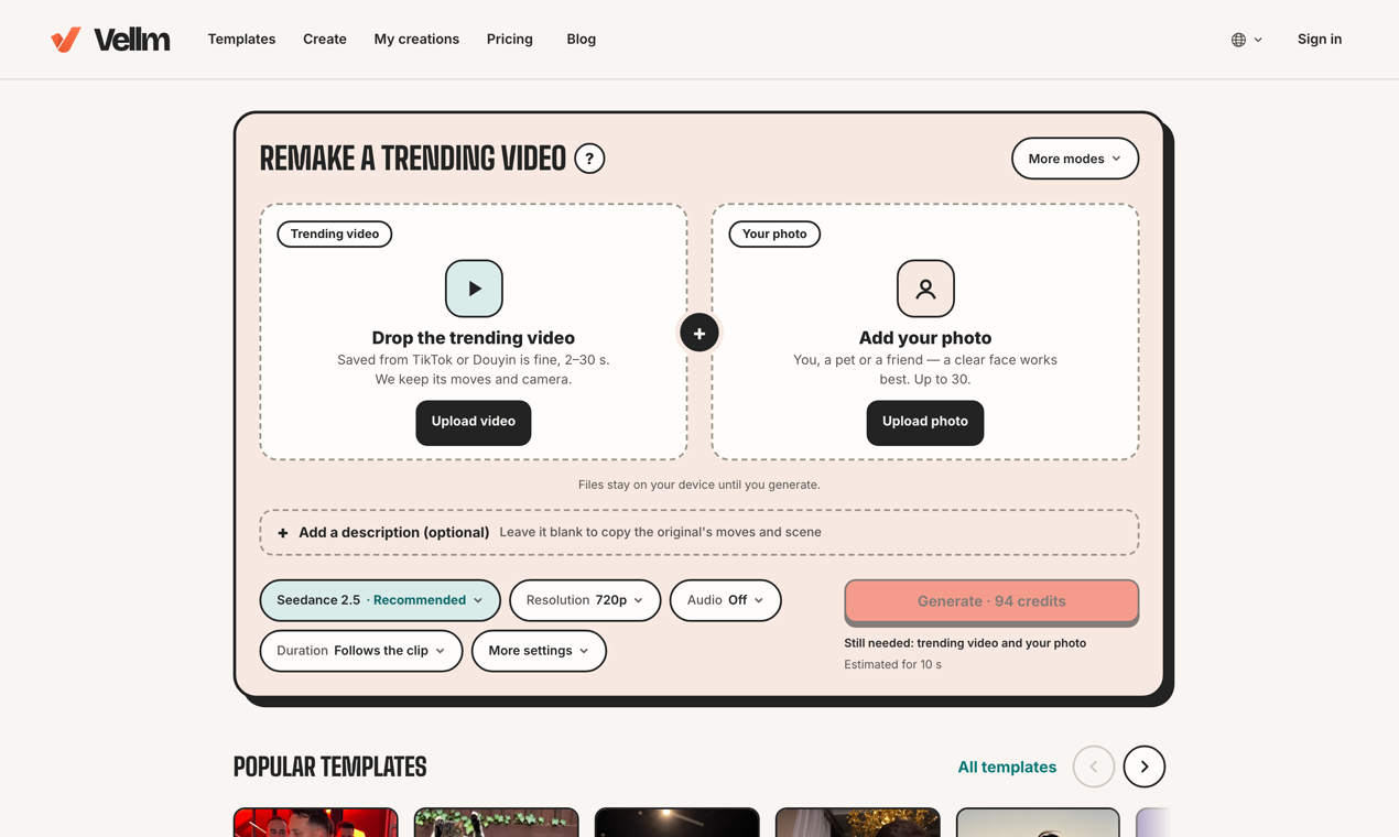 Vellm | Viral AI Video Templates for TikTok & Reels visual